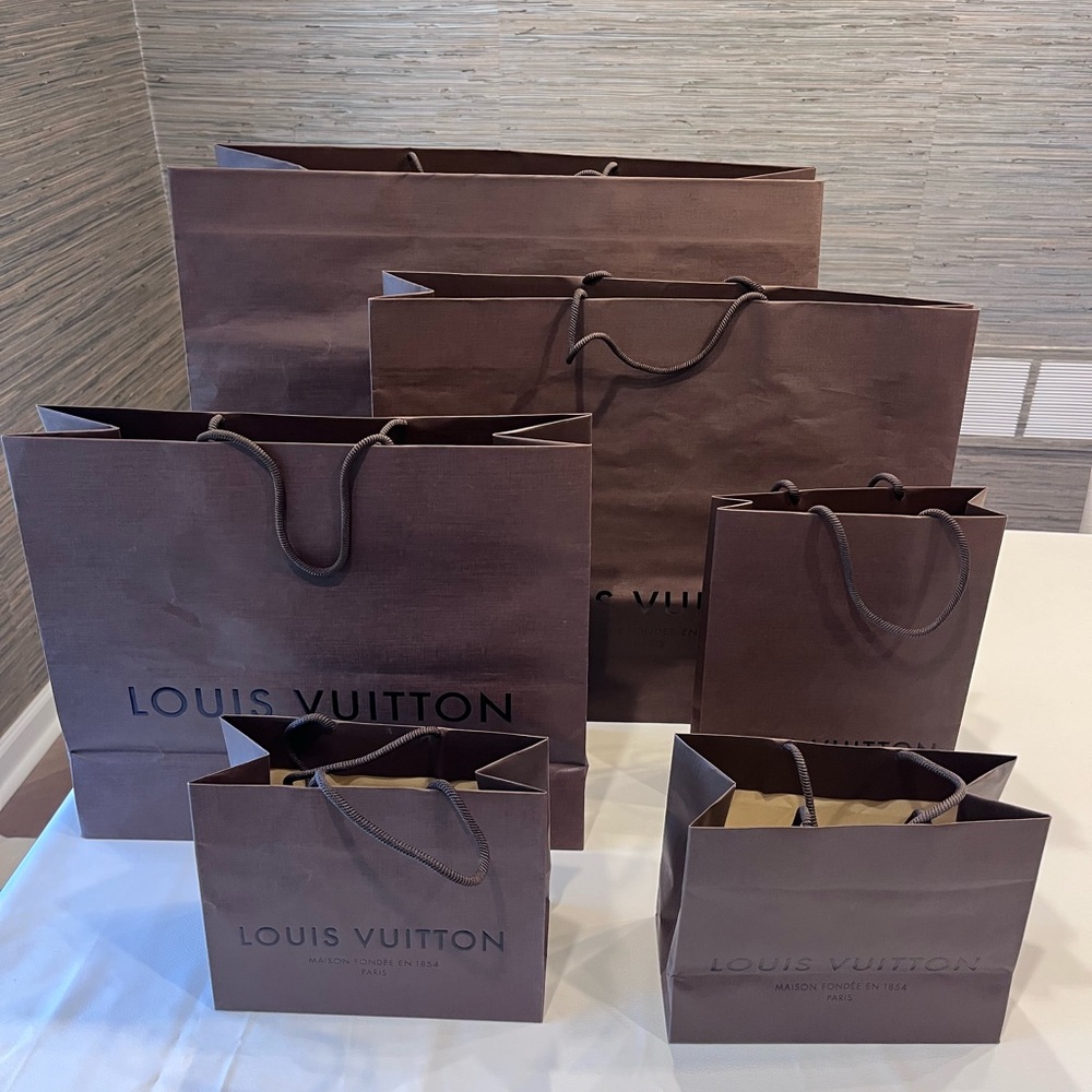 Six Louis Vuitton shopping bags.